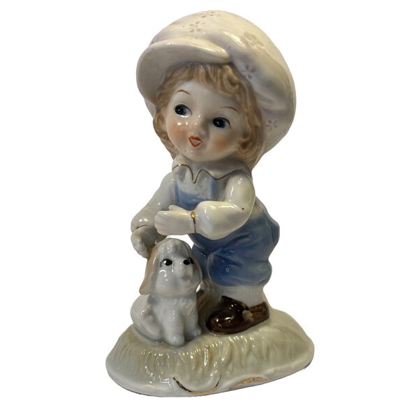 Vintage Porcelain Girl with Puppy Figurine – Blue Overalls & Bonnet - Picture 1 of 4